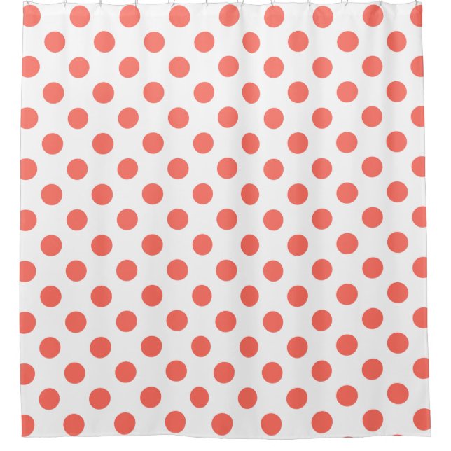 Living coral polka dots on white shower curtain (Front)