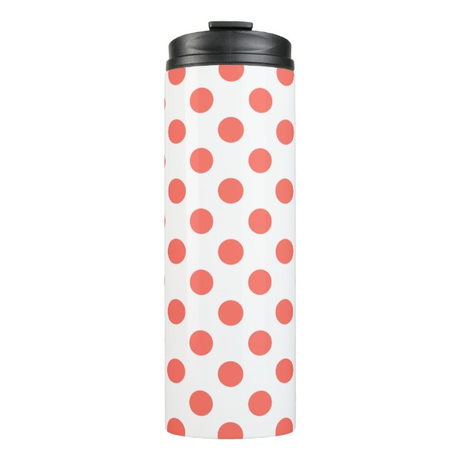 Living coral polka dots on white thermal tumbler (Front)