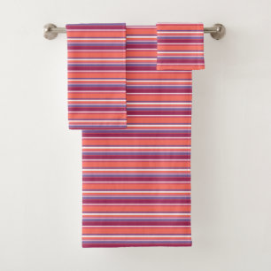 Living coral, red and violet stripes bath towel set