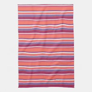 Living coral, red and violet stripes tea towel