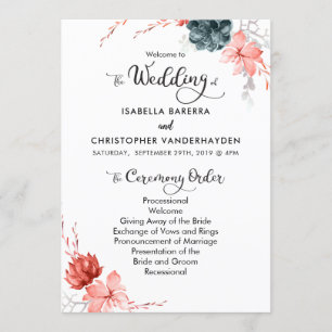 Living Coral Silver Grey Floral Watercolor Program Invitation