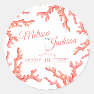 Living coral watercolor art wedding custom classic round sticker