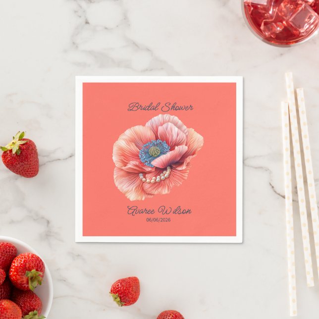 Living Coral with Giant Coral Poppy Bridal Shower Napkin (Insitu)