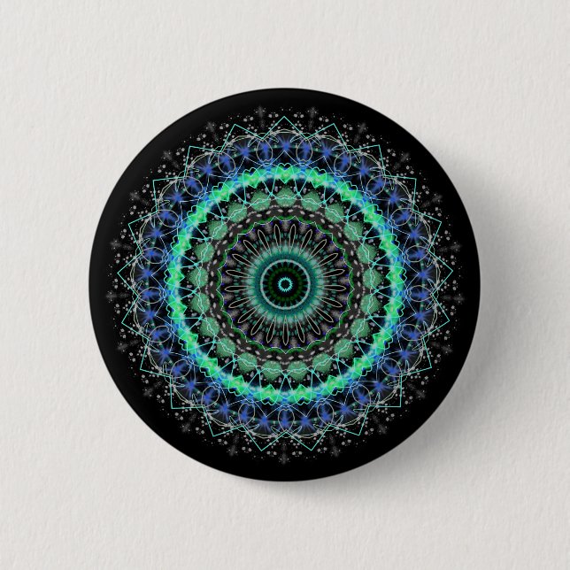 Living Green Mandala kaleidoscope button pin (Front)