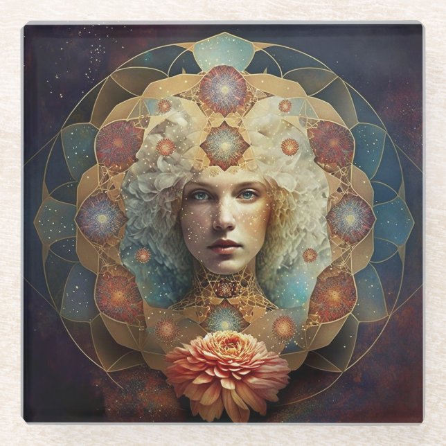 Living Mandala Visionary Art Glass Coaster (Front)