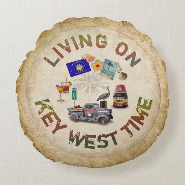 Living on Key West Time Round Cushion (Front)