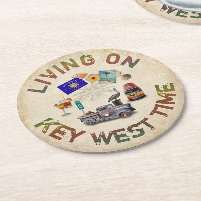 Living on Key West Time Round Paper Coaster (Angled)
