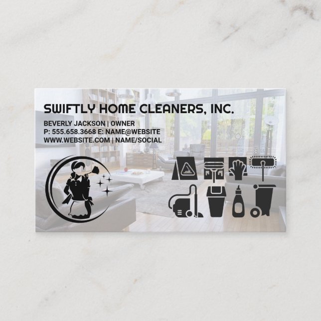 Living Room | Cleaning Supplies Icons | Maid Business Card (Front)
