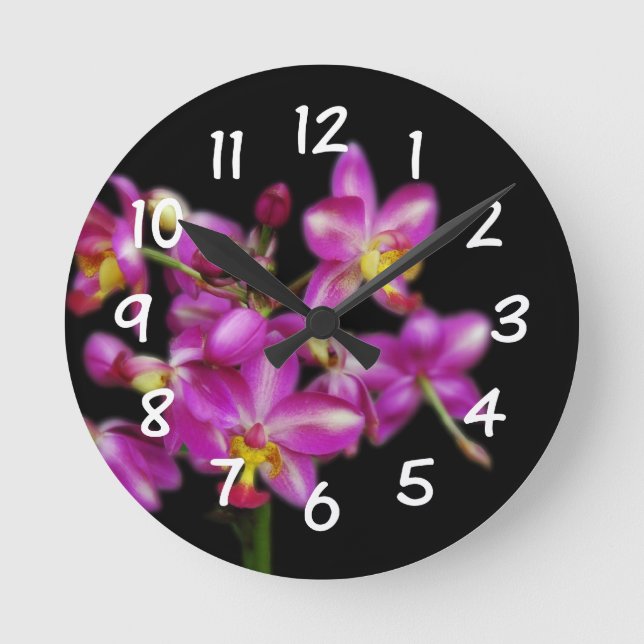 Living Room - Purple orchids on Black background Round Clock (Front)