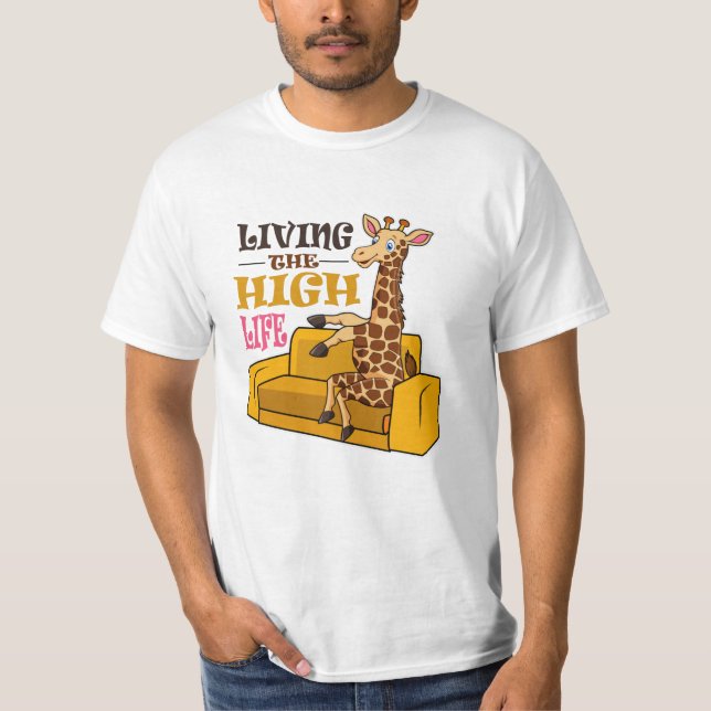 Living The High Life Funny Giraffe Sitting on sofa T-Shirt (Front)