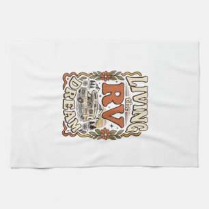 Living the RV Dream Vintage Camping Shirt Design_1 Tea Towel