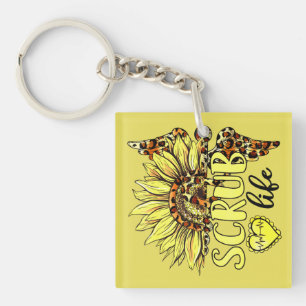 Living The Scrub Life Nurse Sunflower Leopard Nurs Key Ring