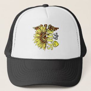 Living The Scrub Life Nurse Sunflower Leopard Nurs Trucker Hat