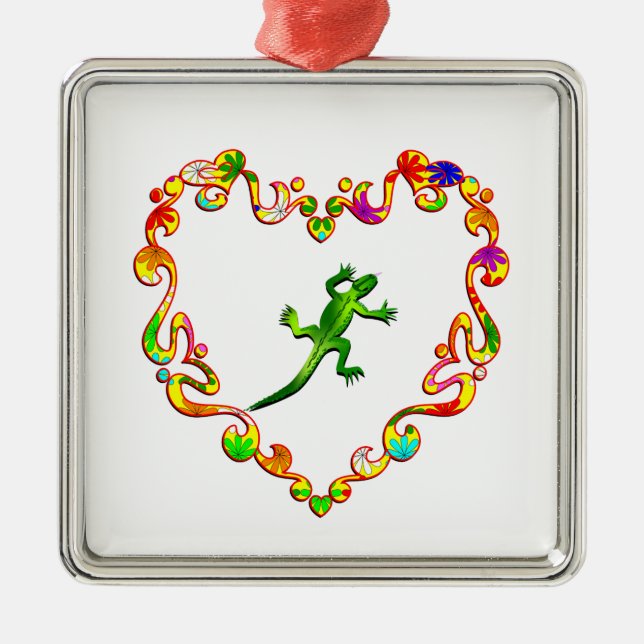 Lizard in Fancy Heart Metal Tree Decoration (Front)