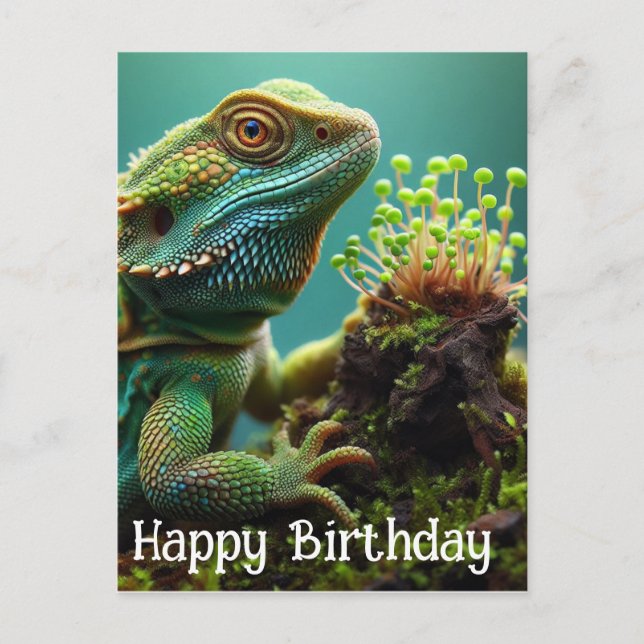 Lizard in the Moss Garden Happy Birthday Postcard (Front)