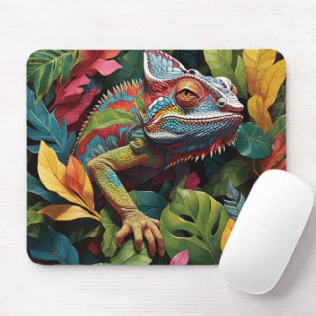 Lizard Leaves & Colour  Mouse Mat (Colourful Lizard Tropical Jungle Art mouse pad durable dust and stain resistant.. Non-slip rubber.)