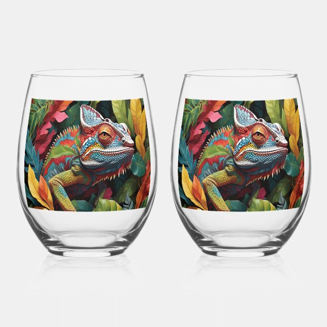 Lizard Leaves & Colour    Stemless Wine Glass (Front)