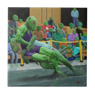 Lizard Warrior Wrestling Fantasy Art Ceramic Tile