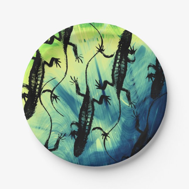 Lizards Black Blue Green Reptile Background Paper Plate (Front)