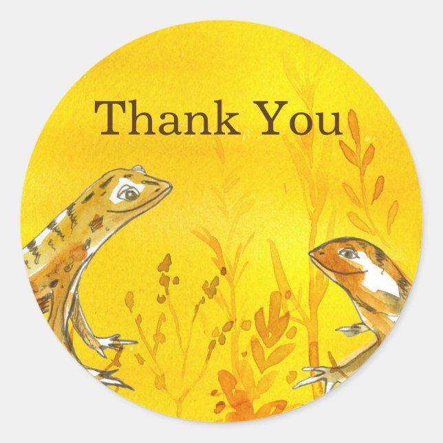 Lizards Watercolor Yellow Thank You Classic Round Sticker (Front)