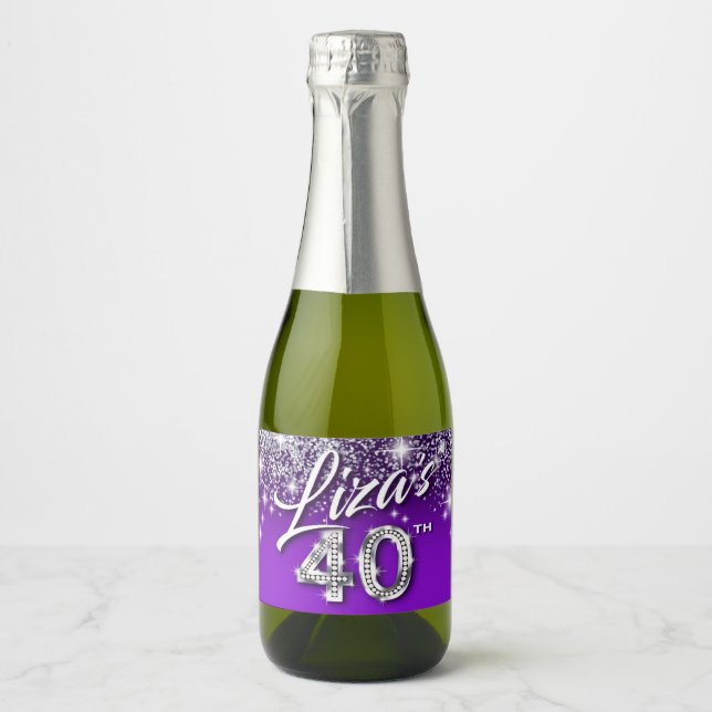 Liza's 40th Birthday Silver Glitter Purple Sparkling Wine Label (Front)