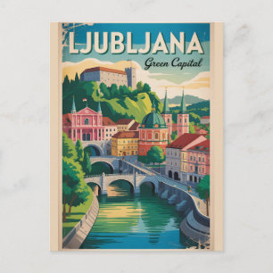Ljubljana Slovenia Retro Skyline Cityscape Travel Postcard