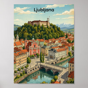 Ljubljana Slovenia Vintage Travel City View Poster