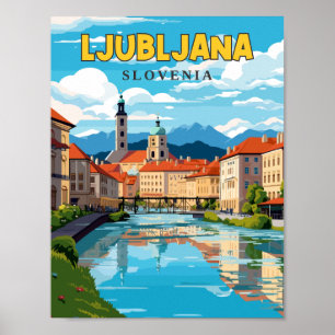 Ljubljana Slovenia vintage travel illustration Poster
