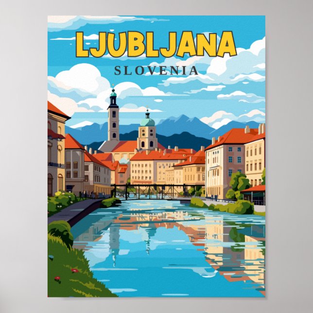 Ljubljana Slovenia vintage travel illustration Poster (Front)