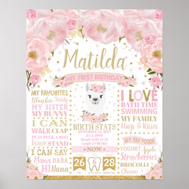 Llama 1st Birthday Milestones Birth Stats Sign (Front)