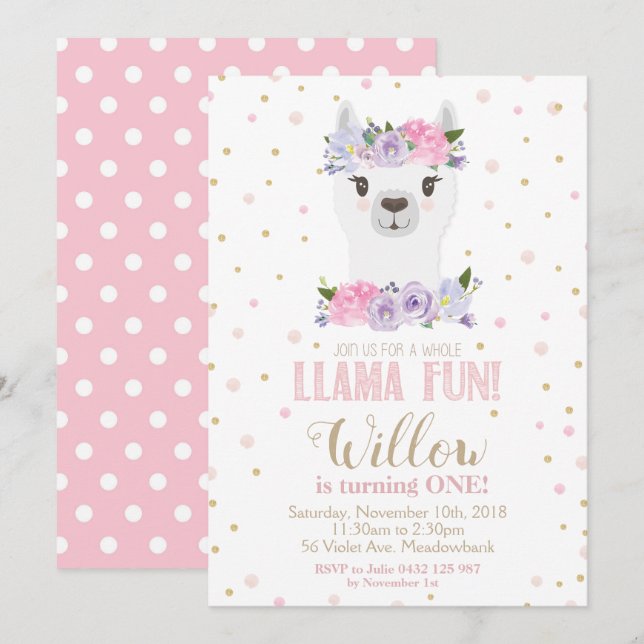 Llama 1st First Birthday Pink Purple Floral Girl Invitation (Front/Back)