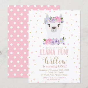 Llama 1st First Birthday Pink Purple Floral Girl Invitation