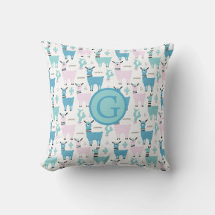 Llama Alapaca Animal Monogram Blue Pink Animals Cushion