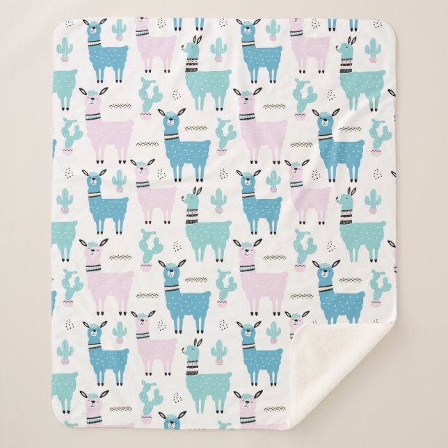 Llama Alapaca Pattern Blue Pink Cute Animals Sherpa Blanket (Front)