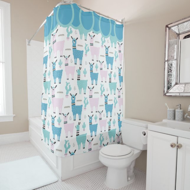 Llama Alapaca Pattern Blue Pink Cute Animals Shower Curtain (In Situ)