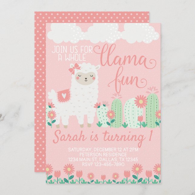 Llama Alpaca Birthday Party Invitation Invite (Front/Back)