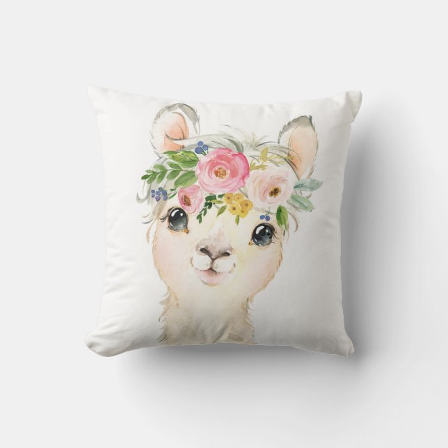 Llama Alpaca Boho Baby Girl Nursery Floral Pillow (Front)