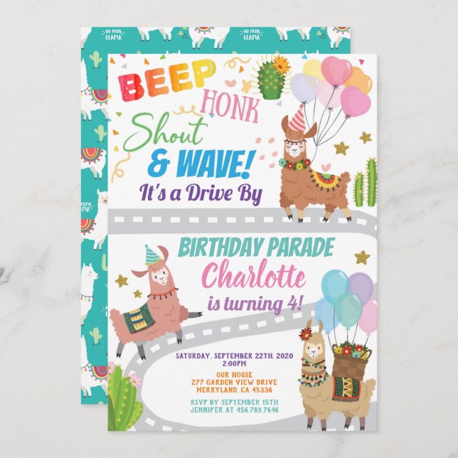 Llama Alpaca Drive Through Birthday Party Parade Invitation (Front/Back)