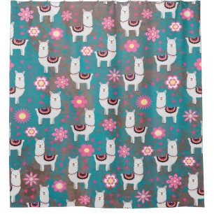 Llama (Alpaca) Floral and Turquoise Grunge Shower Curtain