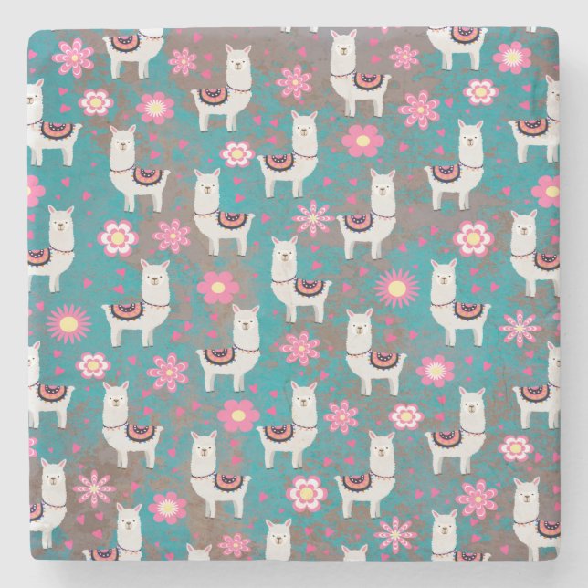 Llama (Alpaca) Floral and Turquoise Grunge Stone Coaster (Front)