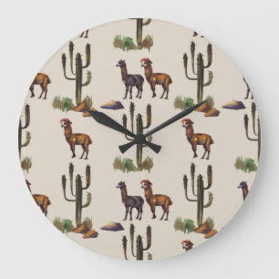 Llama alpaca wildlife, watercolor pattern. large clock