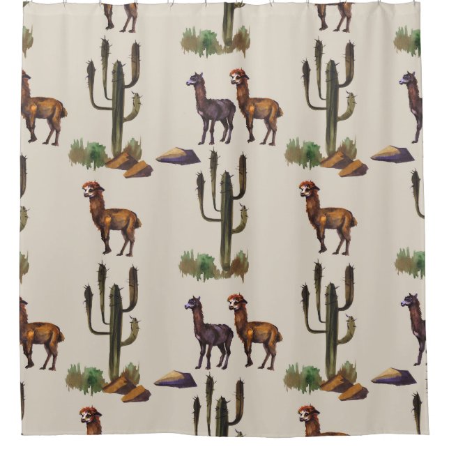 Llama alpaca wildlife, watercolor pattern. shower curtain (Front)