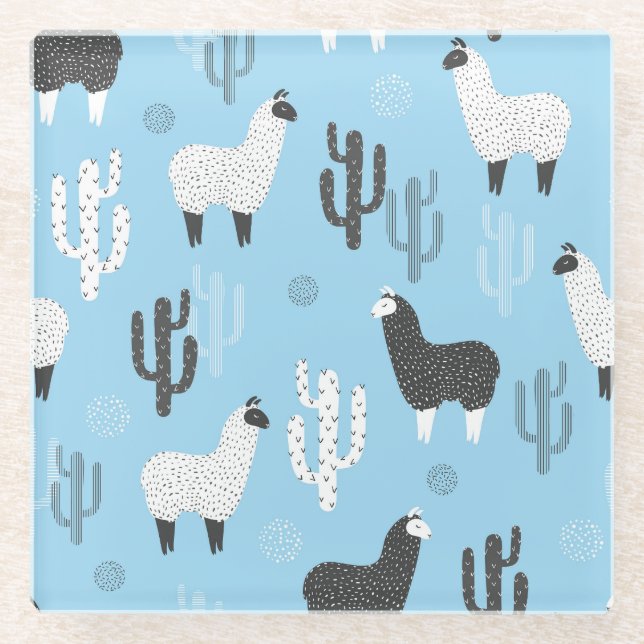 Llama and cactus, cute pattern. glass coaster (Front)