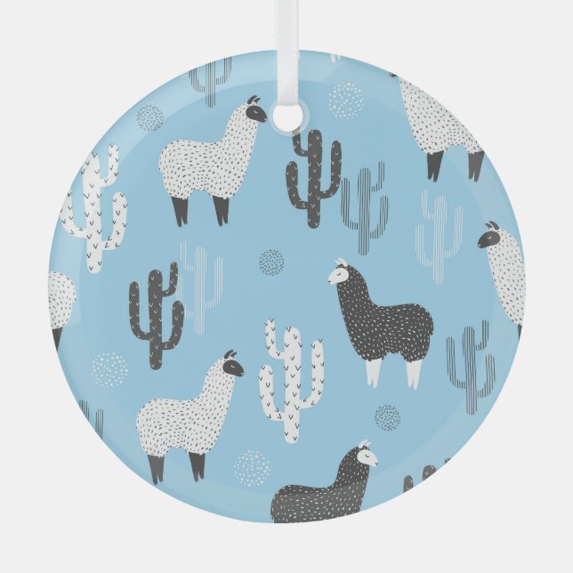 Llama and cactus, cute pattern. glass tree decoration (Front)