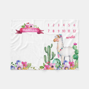 Llama and Cactus Floral Baby Name Milestone Photo Fleece Blanket