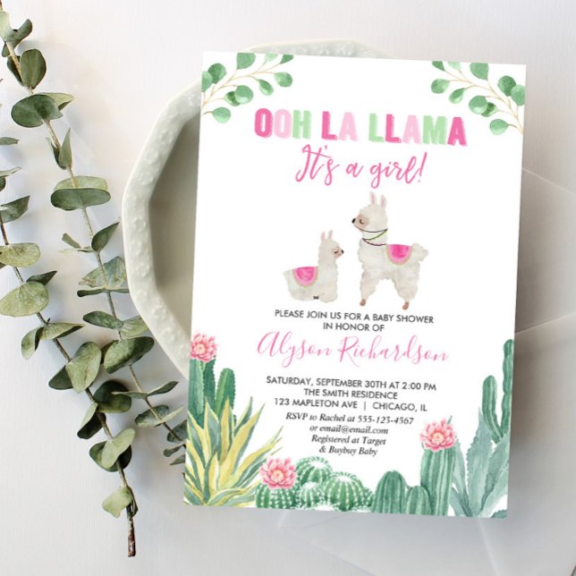 Llama and cactus girl baby shower invitation (Creator Uploaded)