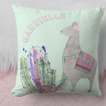 Llama and Cactus Hearts - Pastel Mint Personalised Cushion<br><div class="desc">Adorable pillow for your little girl's bedroom or baby nursery and the template is set up ready for you to add your little one's name. This design has a cute watercolor illustration of a soft grey llama, complete with tassels and saddle mat, cactus plants and heart-shaped cacti. The colour palette...</div>