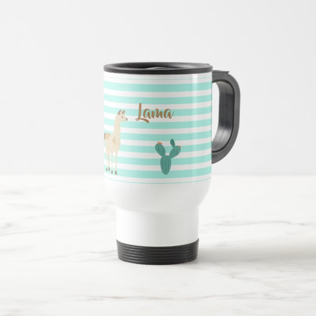Llama and cactus on green and white stripes travel mug (Front Right)