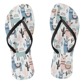 Llama and Cactus Pattern in Blue, Green & Pink Flip Flops