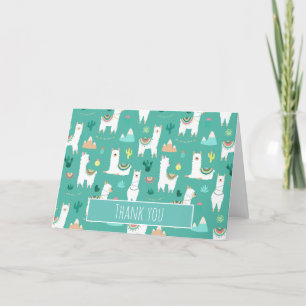 Llama and Cactus Patterned in Green Thank You Card